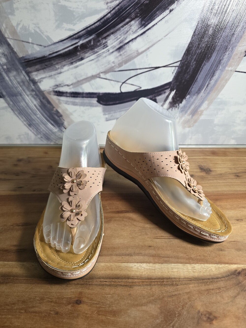 2/20$ Comfortable Floral Cut-Out Wedge Sandals - Dusty Rose Pink, Size 41